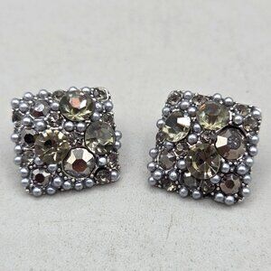Vintage Rhinestone Square Stud Earrings Silver Tone Metal Womens Jewelry